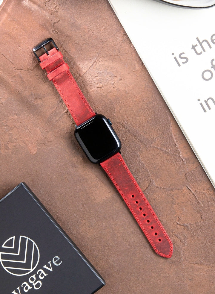 Apple Watch Deri Kordon Kırmızı - Crazy