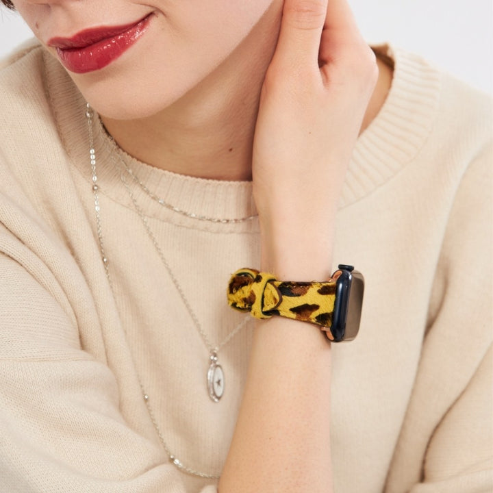 Apple Watch Kadın  Deri Kordon Sarı Leopar - Vadiva