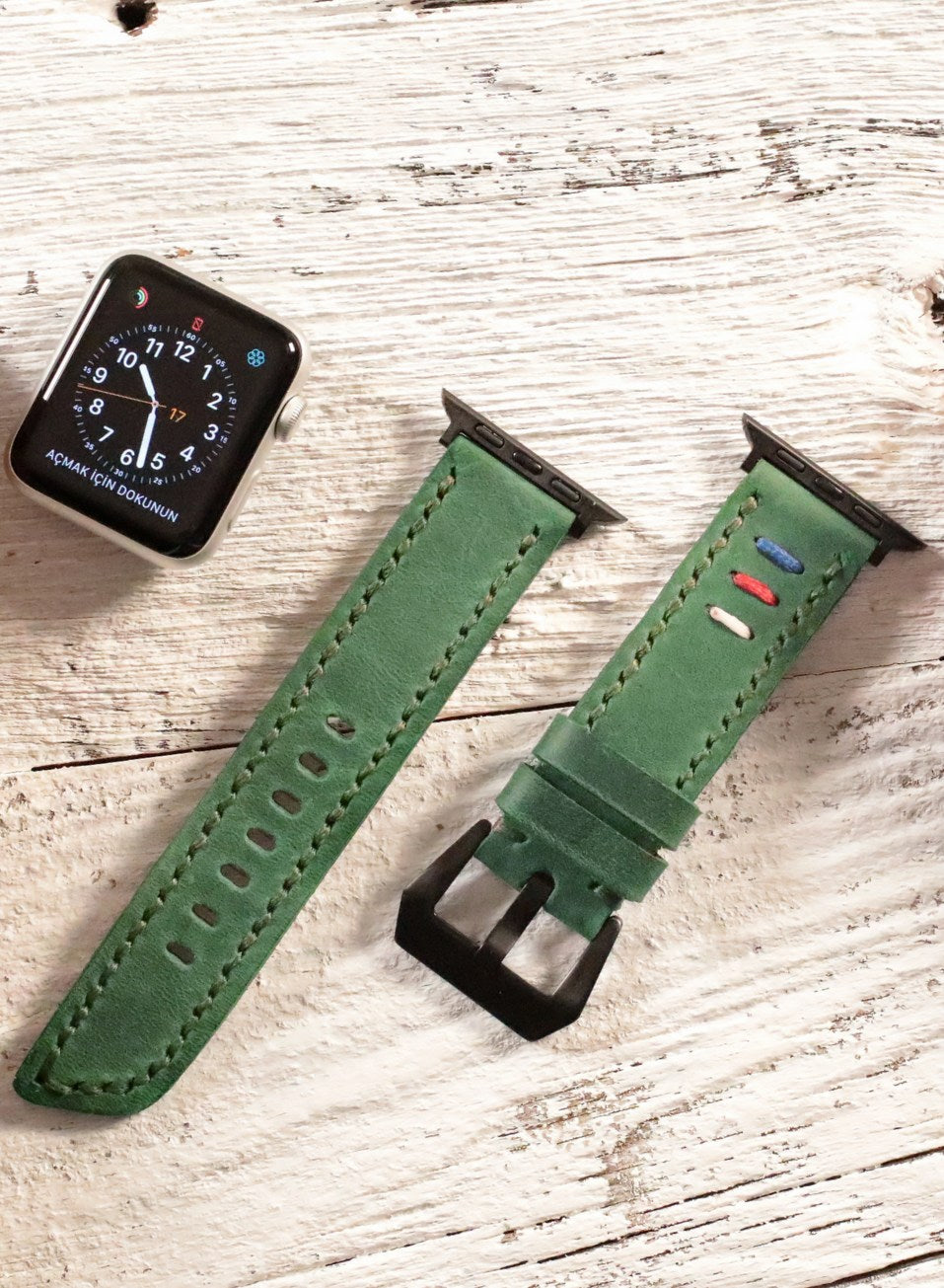 Apple Watch Deri Kordon Yeşil - Üç İp