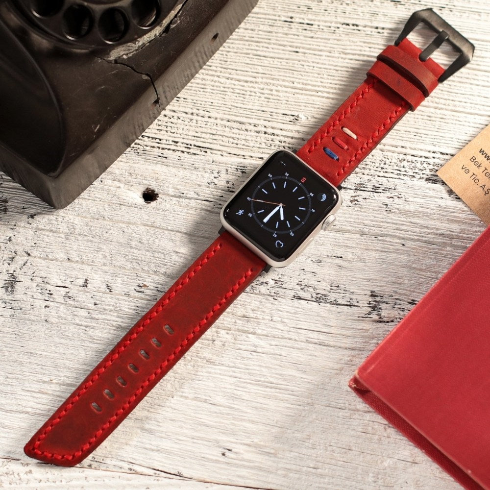 Apple Watch Deri Kordon Kırmızı - Üç İp