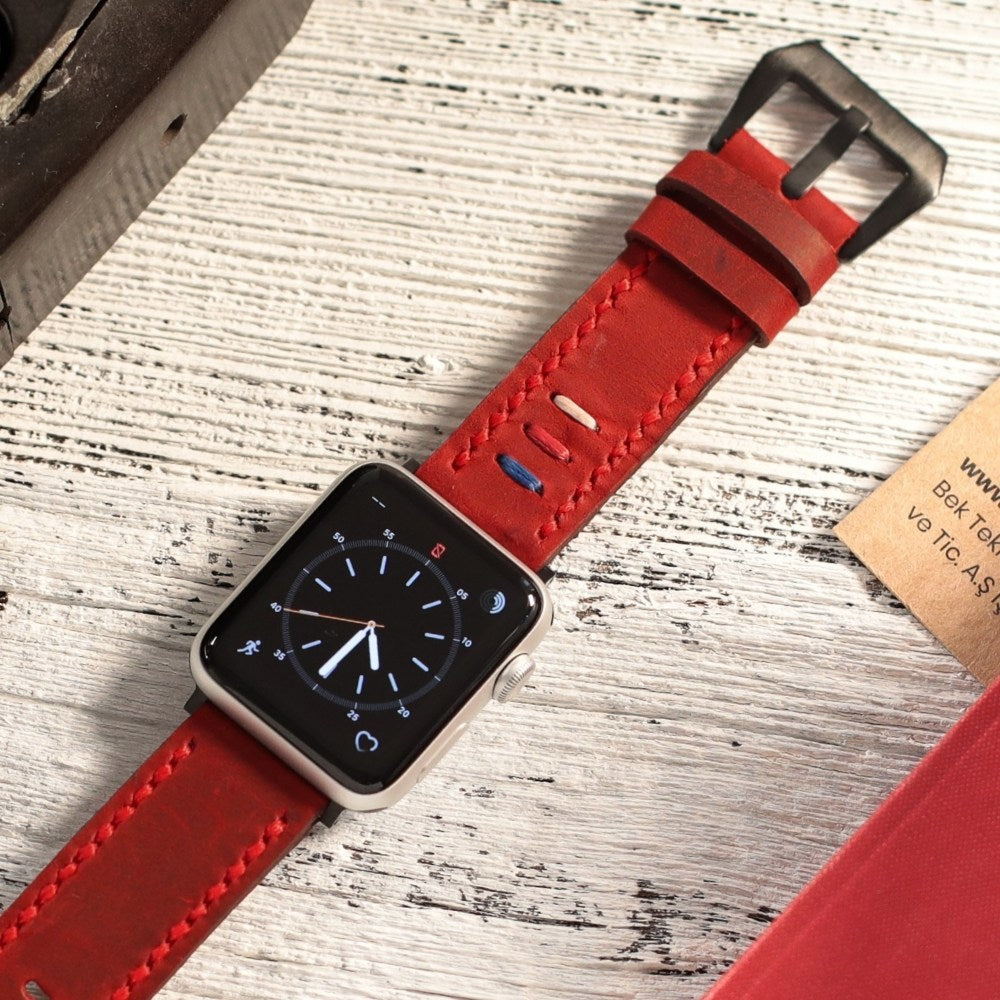 Apple Watch Deri Kordon Kırmızı - Üç İp