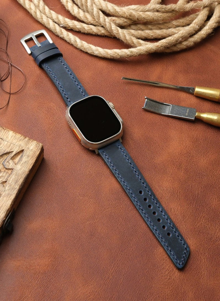 Apple Watch Deri Kordon Mavi - Berdik